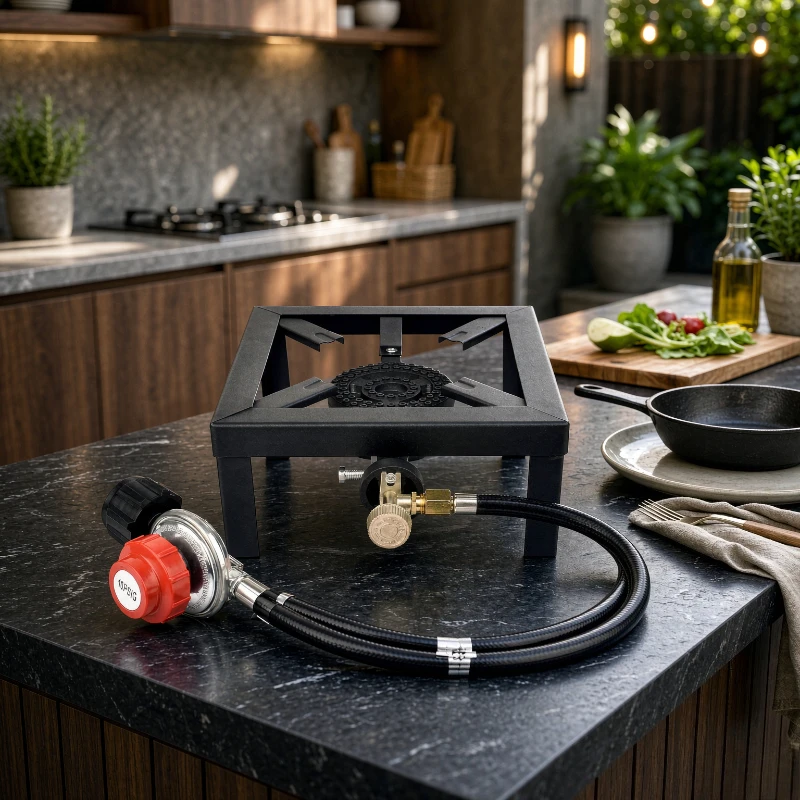 Outdoor Cast Iron Propane Gas Burner, High-Output Camping Cooking Stove with Support Stand for Backyard, Patio or Garden Meals