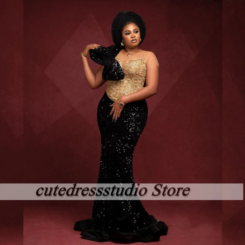 Formal Aso Ebi Black Mermaid Evening Dresses African Women Luxury Sequin Engagement Party Gowns Robe De Soiree Customized