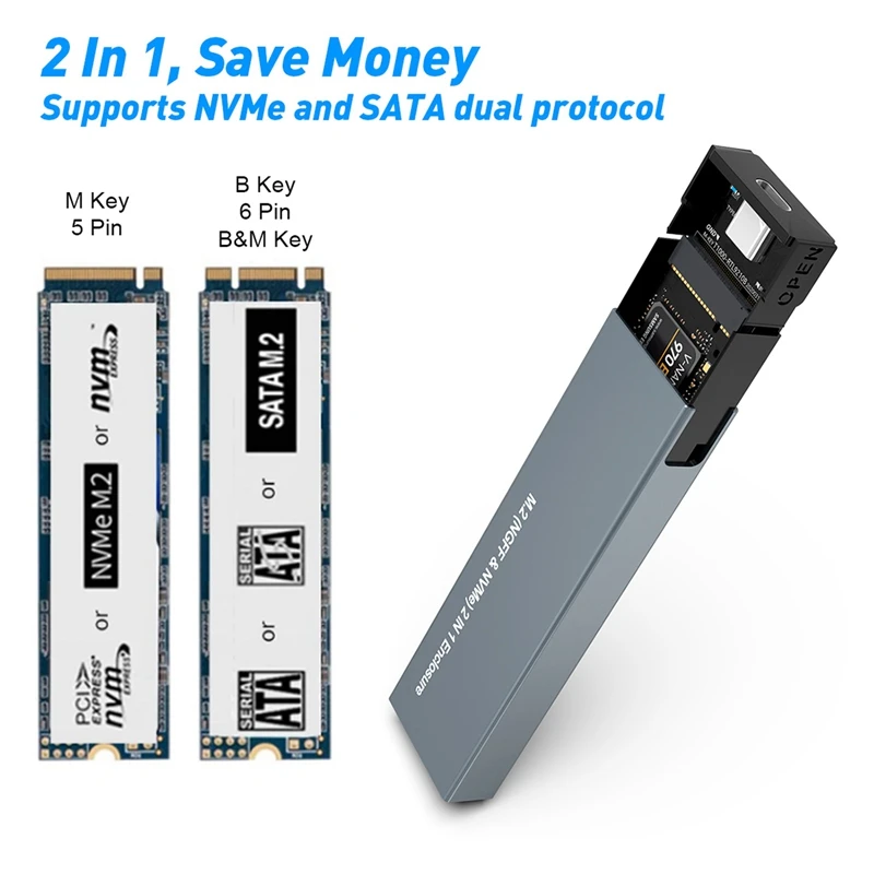 Carcasa SSD M2 Nvme a USB 3,1 Gen 2, adaptador SSD de protocolo Dual para NVME NGFF SATA M + B Key 2230/2242/2260/2280 SSD