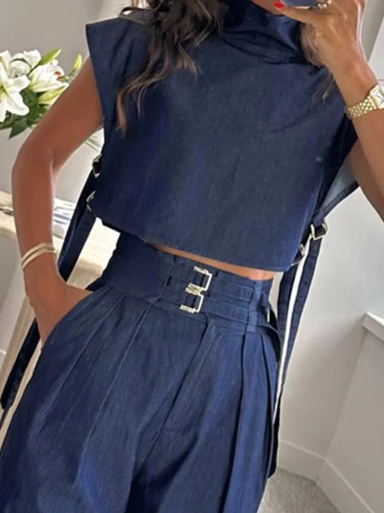 Denim Turtleneck Short Sleeve Crop Tops & Pocket Pants Set Casual Women Two Piece Set Outfits