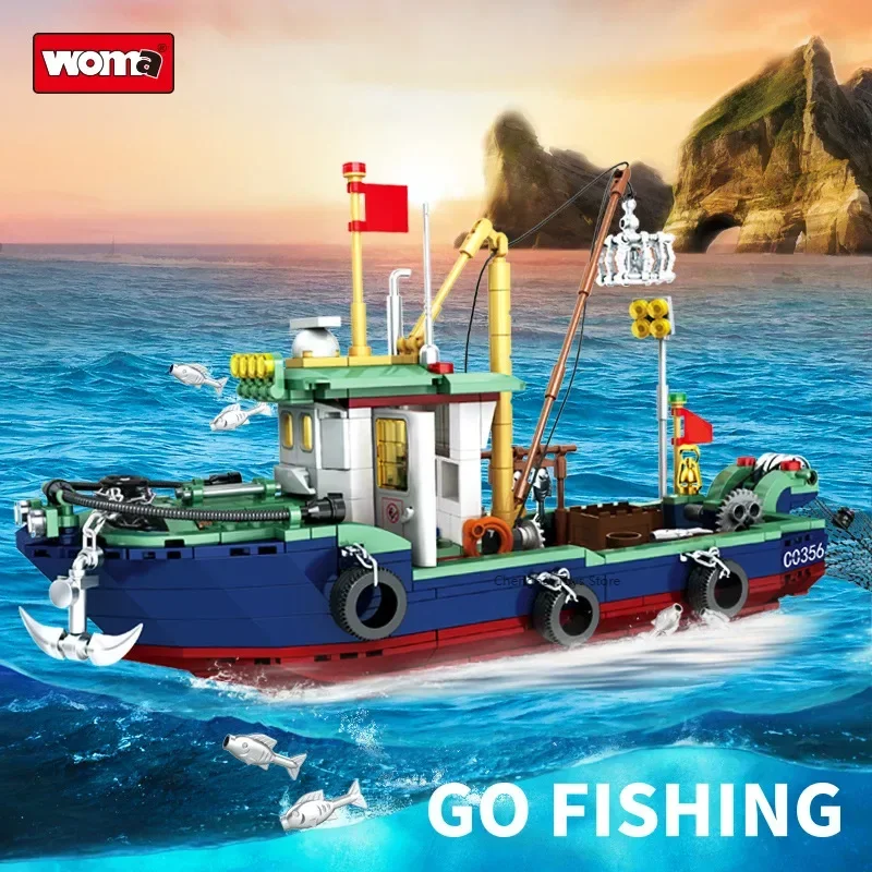 Fishing experts set sail to catch fish, children's creative DIY particle puzzle model building blocks