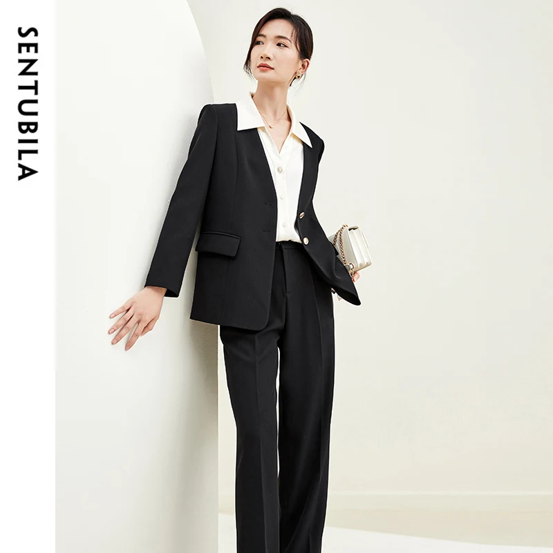 SENTUBILA Women's Two Pieces Sets 2026 Autumn Black V Neck Blazer Wide Leg Pants Office Lady New In Matching Sets 143Z58034X