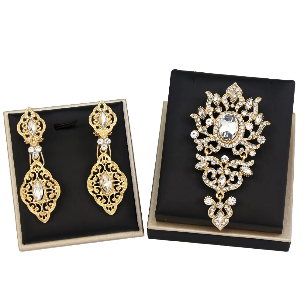 Sunspicems Fashion  Morocco Jewelry Earring Brooch Sets For Women Gold Color Arabic Caftan Brooch Bride Earring Wedding Jewelry