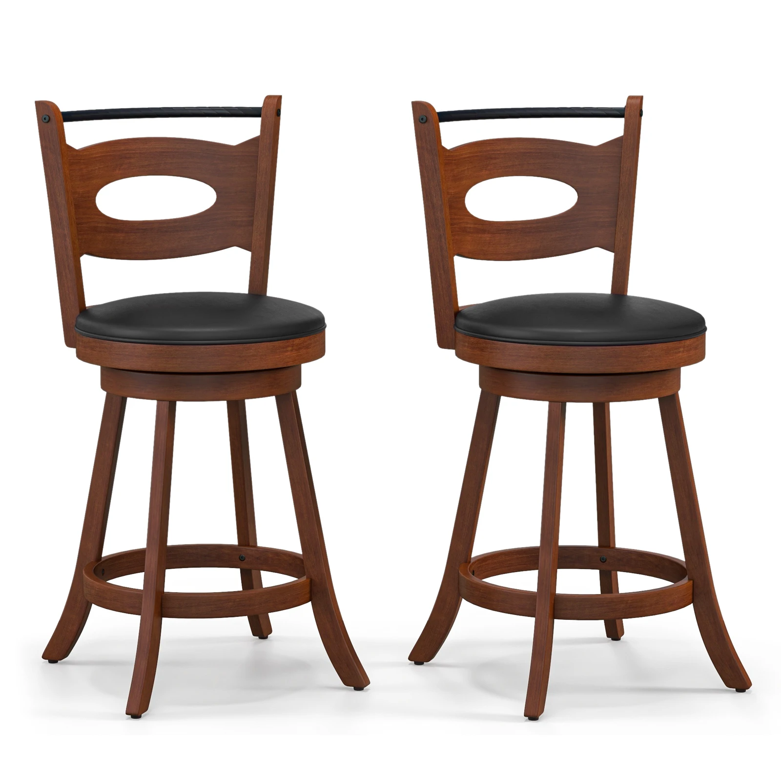 Set of 2 Bar Stools 360° Swivel Dining Chairs Solid Rubber Wood Leather Padded Seat Counter Height