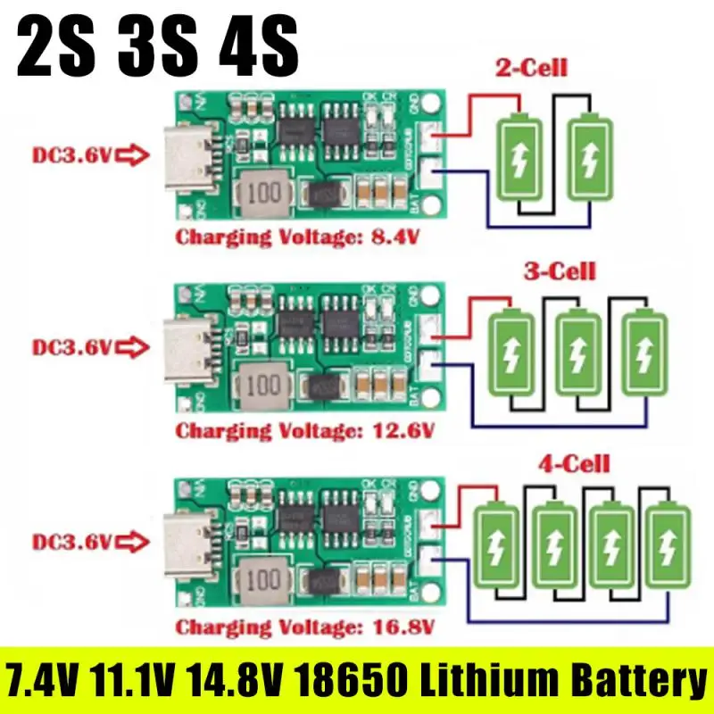 Multi-Cell 2S 3S 4S 18650 Lithium Battery Board Type-C 8.4V 12.6V 16.8V Step-Up Boost LiPo Polymer Li-Ion Charger 7.4V 11.1V