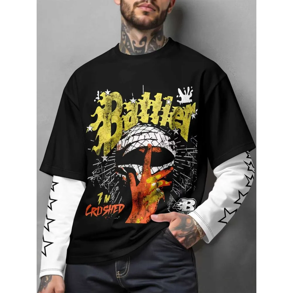 

American High Street Camouflage Splicing Prints Loose Fake Two-piece Long Sleeved T-shirt Round Neck Men's and Women's Street