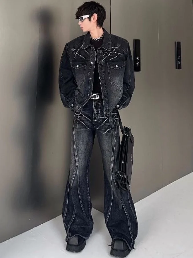 

Original Design Men's Denim Jaet oulder Pads Wave Pattern Jeans Two-Piece Set Faionable Youth Autumn Long Sve Long P...