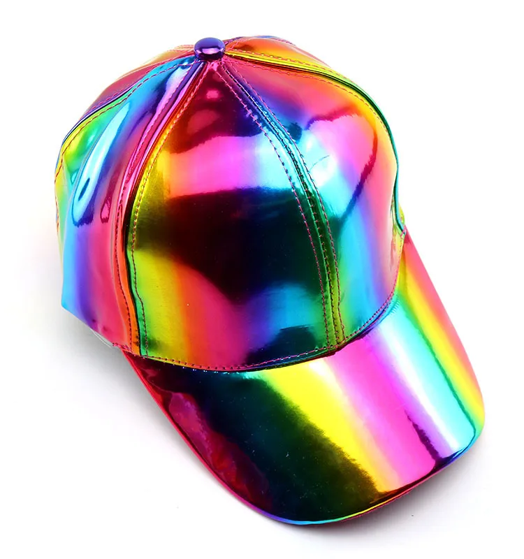 Damen Herren Kunstleder Baseballkappe Glitzer Metallic Holographisch Regenbogen Reflektierend Hip Hop Verstellbarer Strapback Schirmmütze – Detail 4