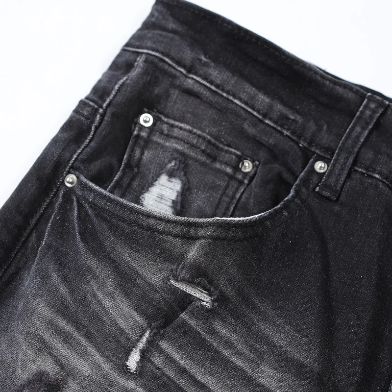 Y2KStreet Fashion New Men's Black Grey Jeans Washed Nostalgic Perforated Green Leather Patch Jeans Designer Hip Hop Brand Pant