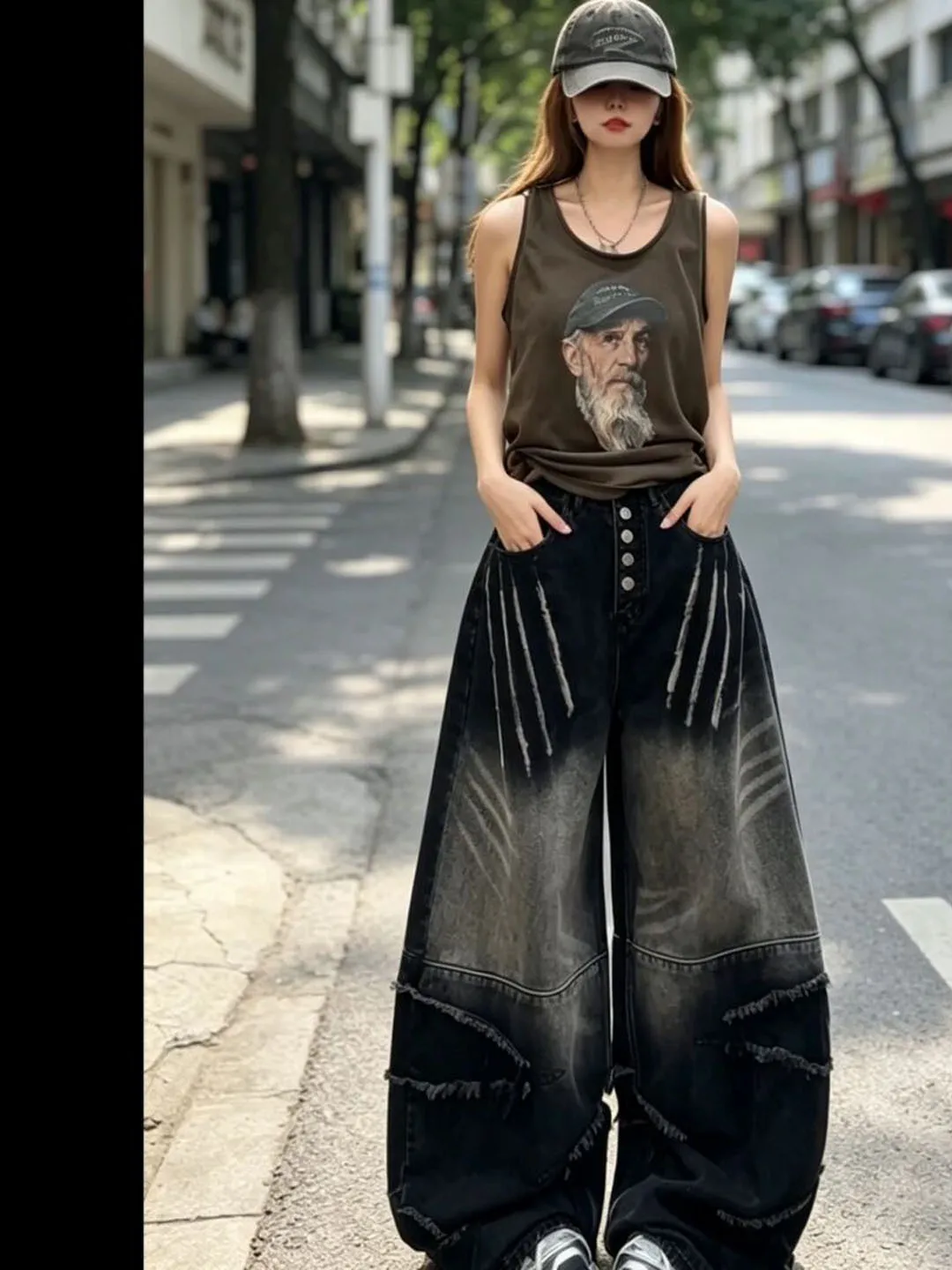 Early Autumn American Style Women's Jeans High Waist Wide Leg Pants Button Closure Frayed  Design Versatile Loose Fit
