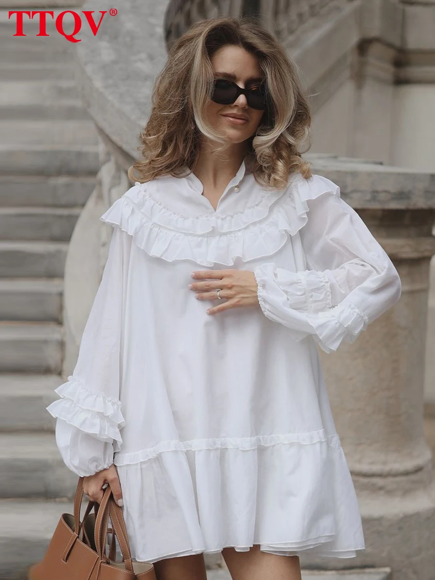 

TTQV Sprint Loose White Women's Dress 2026 Fashion Stand Collar Long Sleeve Mini Dresses Elegant Classic Ruffles Female Dress