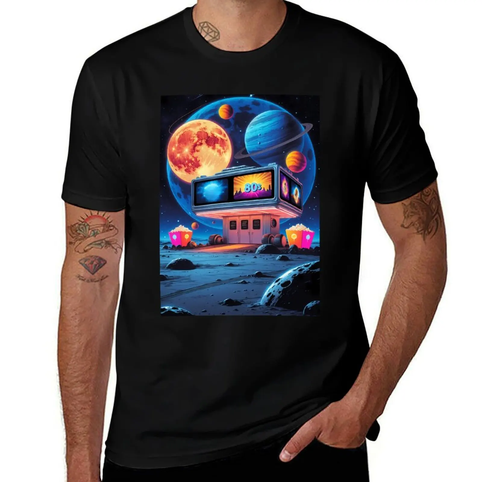 

Cosmic retro cinema with colorful planets and popcorn stands at moon surface T-Shirt quick-drying anime shirts men