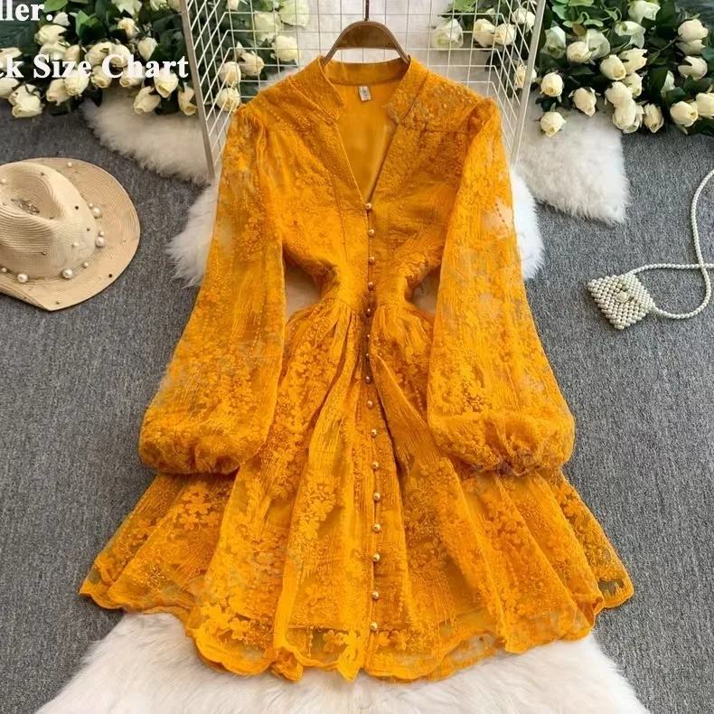 Summer Autumn Long Sleeve Lace Short Dress Women Crochet Embroidery Formal Evening Dresses Fairy Princess Sweet Palace Robe