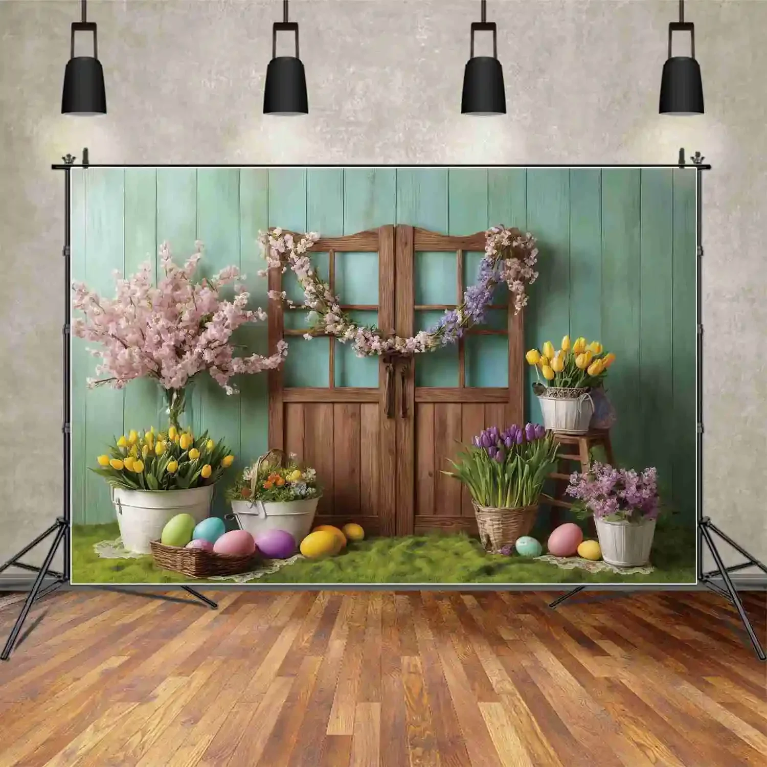 MOON.QG Happy Easter 2025 Backdrop Photography Children Party Door Window Background Spring Flower Eggs Tulip Photozone Props