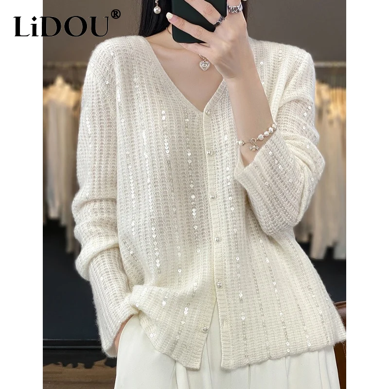 2023 Spring Autumn New Solid Color Fashion V-neck Sweater Women Fashion High Street Long Sleeve Cardigan Chic Sequined Tops