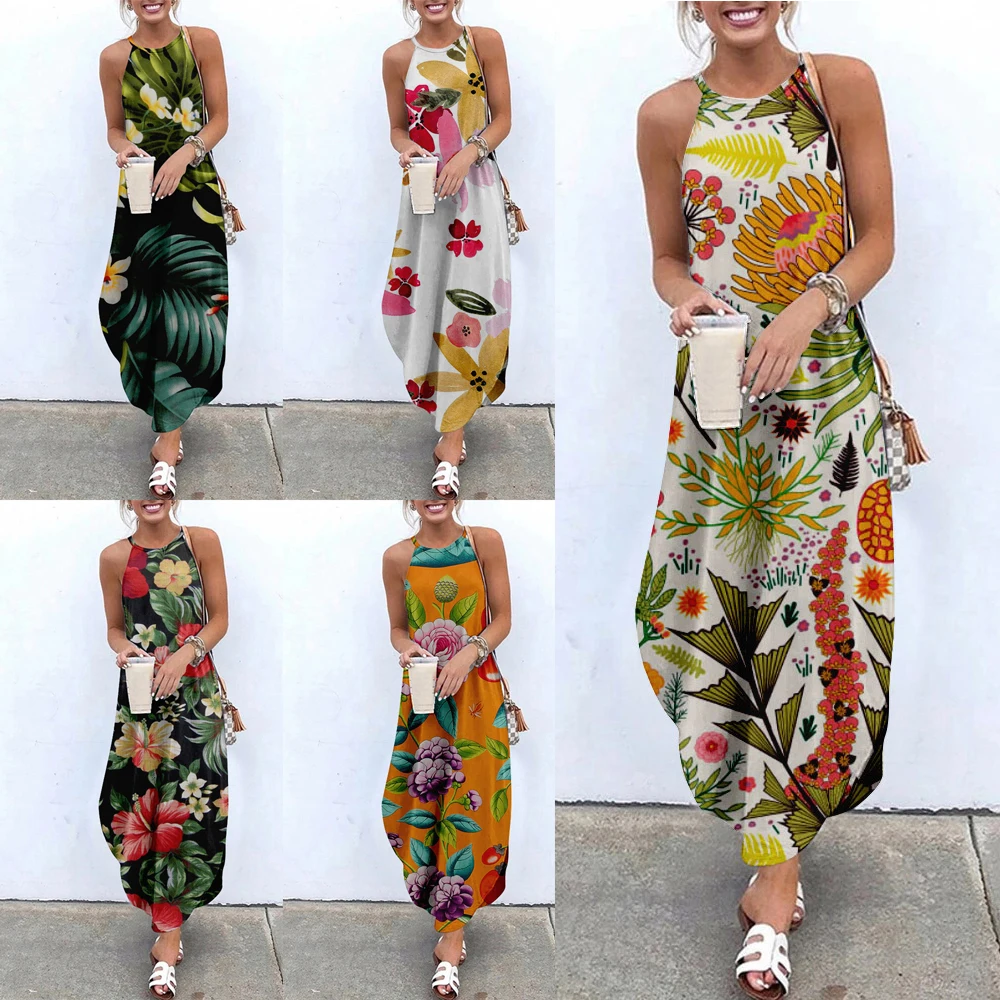 

Maxi Dresses Sexy Sleeveless Women Floral Print Causal Style Halter Summer Beach Dress Asymmetric Ladies Sling Long Dresses