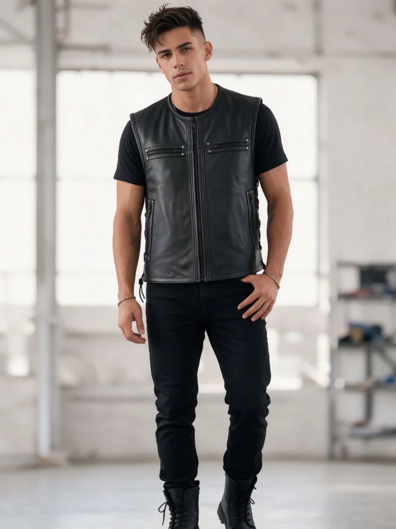 Men Black PU Faux Leather Motorcycle Vest Sleeveless Zip Up Biker Waistcoat Lace Up Sides Rivets Punk Rock Riding Clubwear