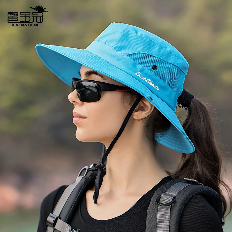 Womens Ponytail Sun Hat UV Protection Mesh Foldable Wide Brim Beach Fishing Bucket Hats Summer Hiking Outdoor Caps