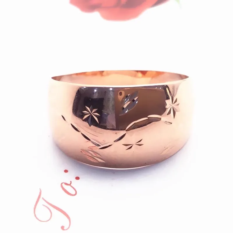 585 Purple Gold Engraved Small Flower Glossy Wide Rings for Women Plated 14K Rose Gold Simple and Shiny Ring Banquet Jewelry