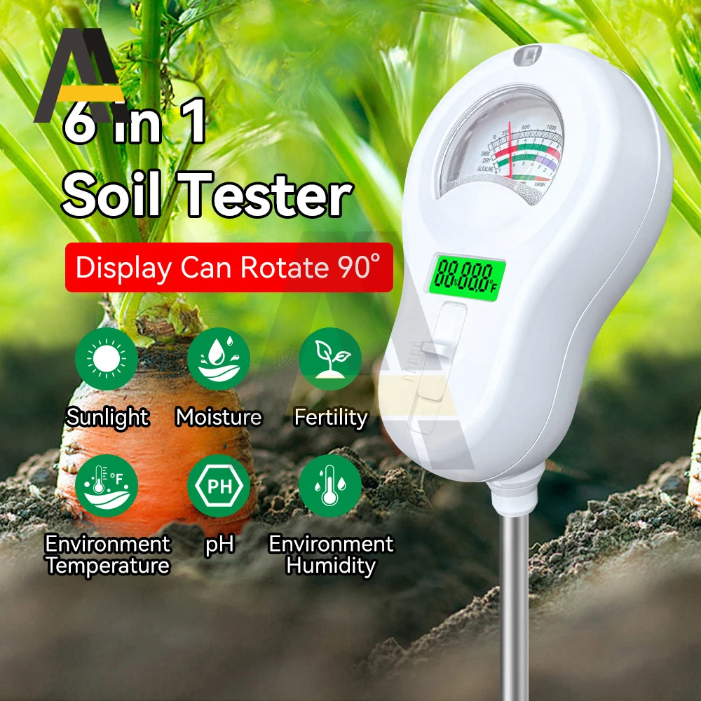 6 in1 다기능 디지털 토양 테스터 회전식 디스플레이 포함 pH 습도 온도 빛 수분 비옥도 측정