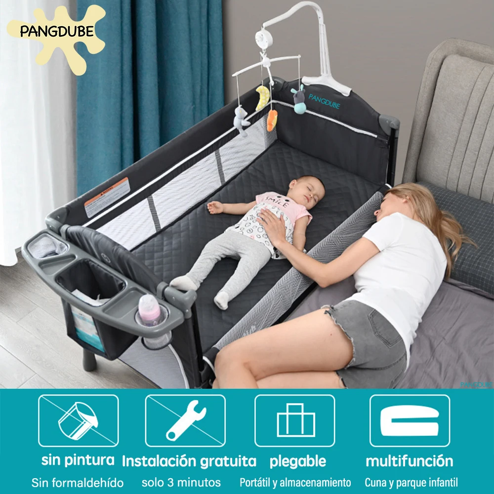 PANGDUBE Cuna 4 en 1 para bebé, cama convertible multifuncional con mecedora, cambiador, corralito, moisés portátil plegable para recién nacidos, cuna de cabecera, cuna de viaje con bolsa de almacenamiento, 0-3 años, con 2 ruedas y estante de almacenamiento, montaje gratuito