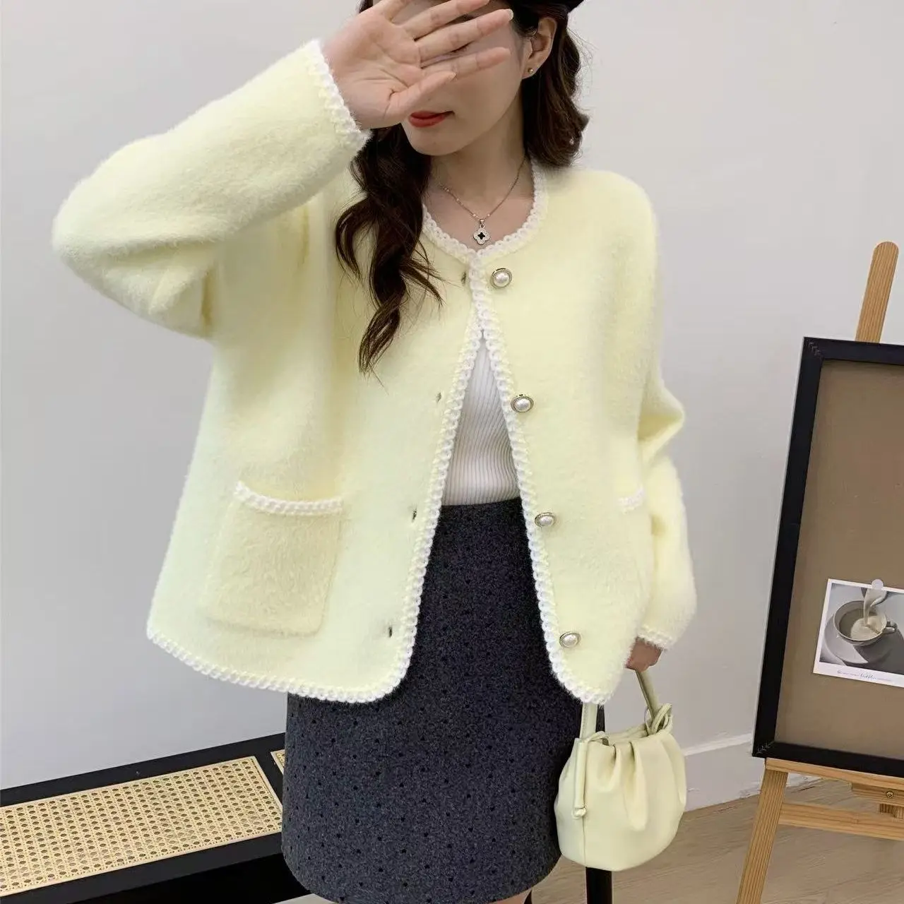 Spring Autumn French New Cardigan Jacket Women's Top Imitation Mink Velvet Knitted Coat Temperament Sweater Jackets Female