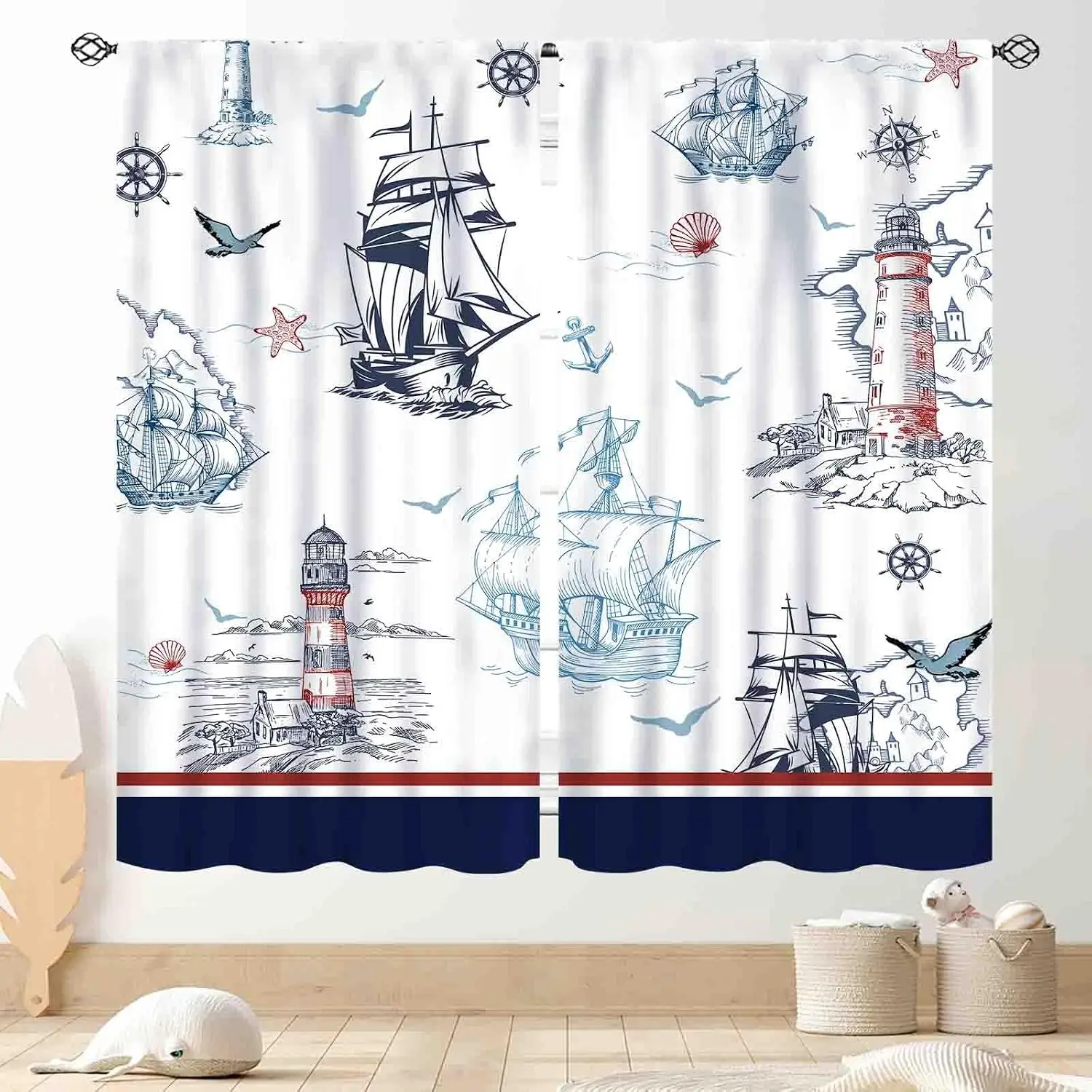 Nautical Theme Curtain 2pcs Coastal Lighthouse Ship Drawing Print Curtains for Bathroom Window Waterproof Home Decoration Nautic