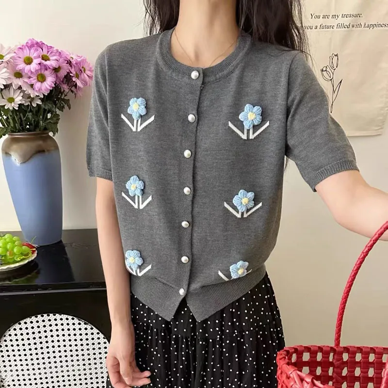 

Elegant Flowers Knitted Cardigan Sweater For Women 2025 Summer Short Sleeve Fashion Chic Ladies Knitwear Tops
