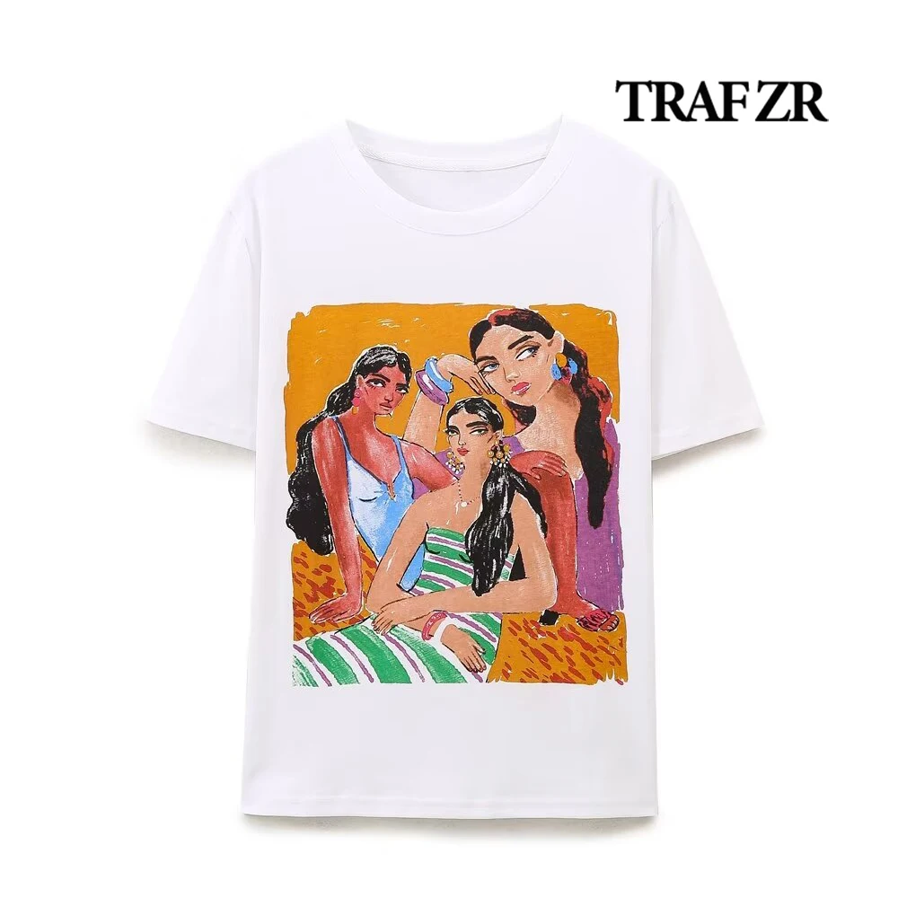 

TRAF ZR High Street Short Sleeve Top Women Girl Print T-shirts Casual O-neck Loose Tees Classic Graphic Print T Shirt Kpop Tees