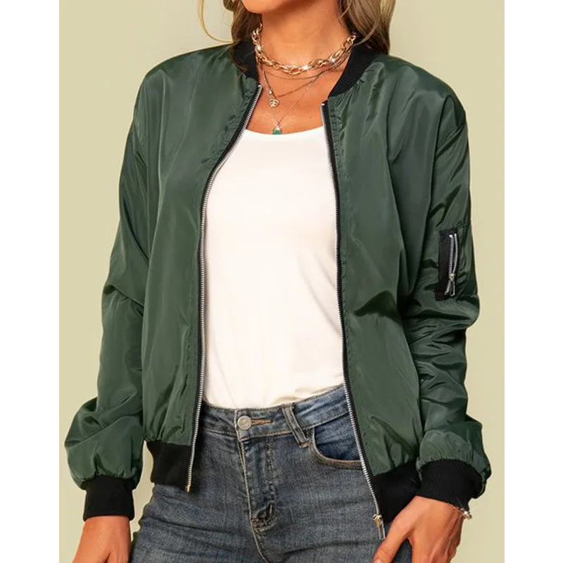 Women's Elegant Medium Weight V Neck Long Sleeve Slim Fit Solid Color Jacket with Zipper Front and Ribbed Cuffs for Female