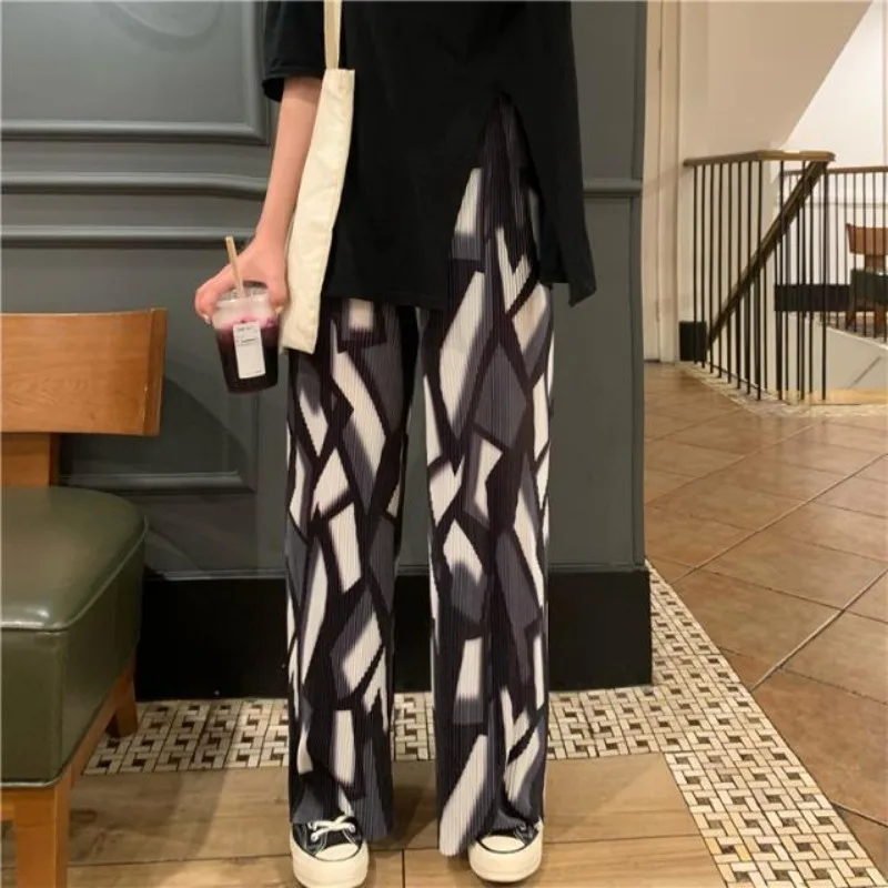 New Women Clothing Vintage Fashion Geometric Print Pleated Wide Leg Pants Y2K Harajuku Summer High Wiast Loose Straight Trousers