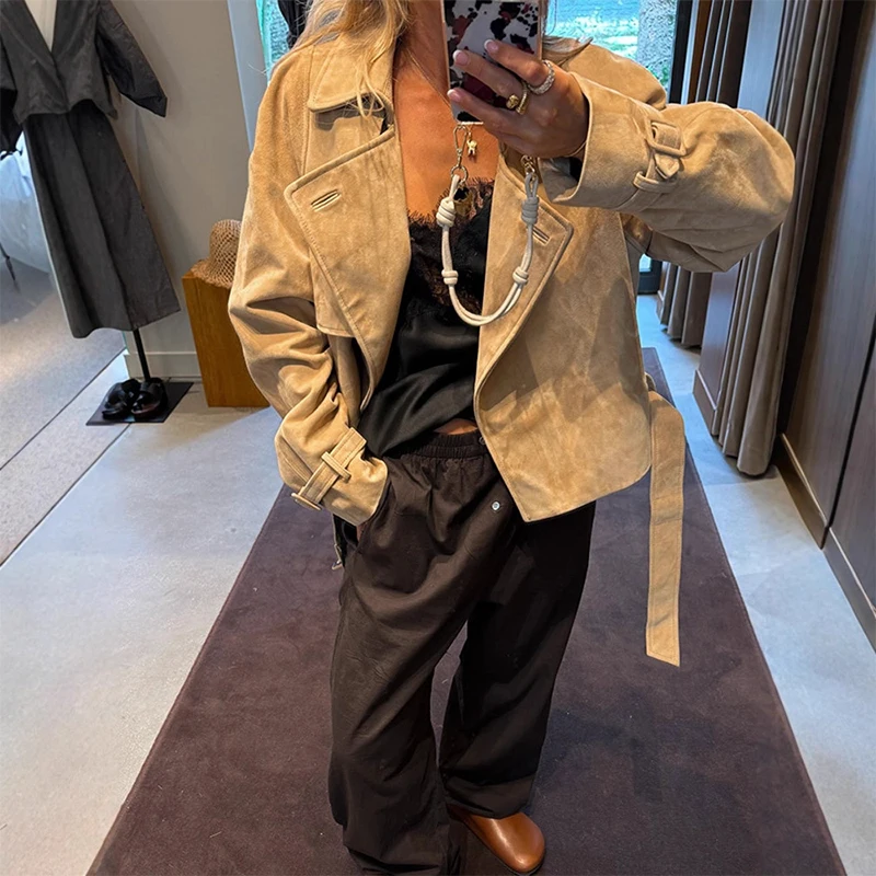 

Fashion Lapel Belt Solid Short Coat Women Casual Loose Lace Up Full Sleeve Female Outwear 2025 Autumn Lady Streetwear