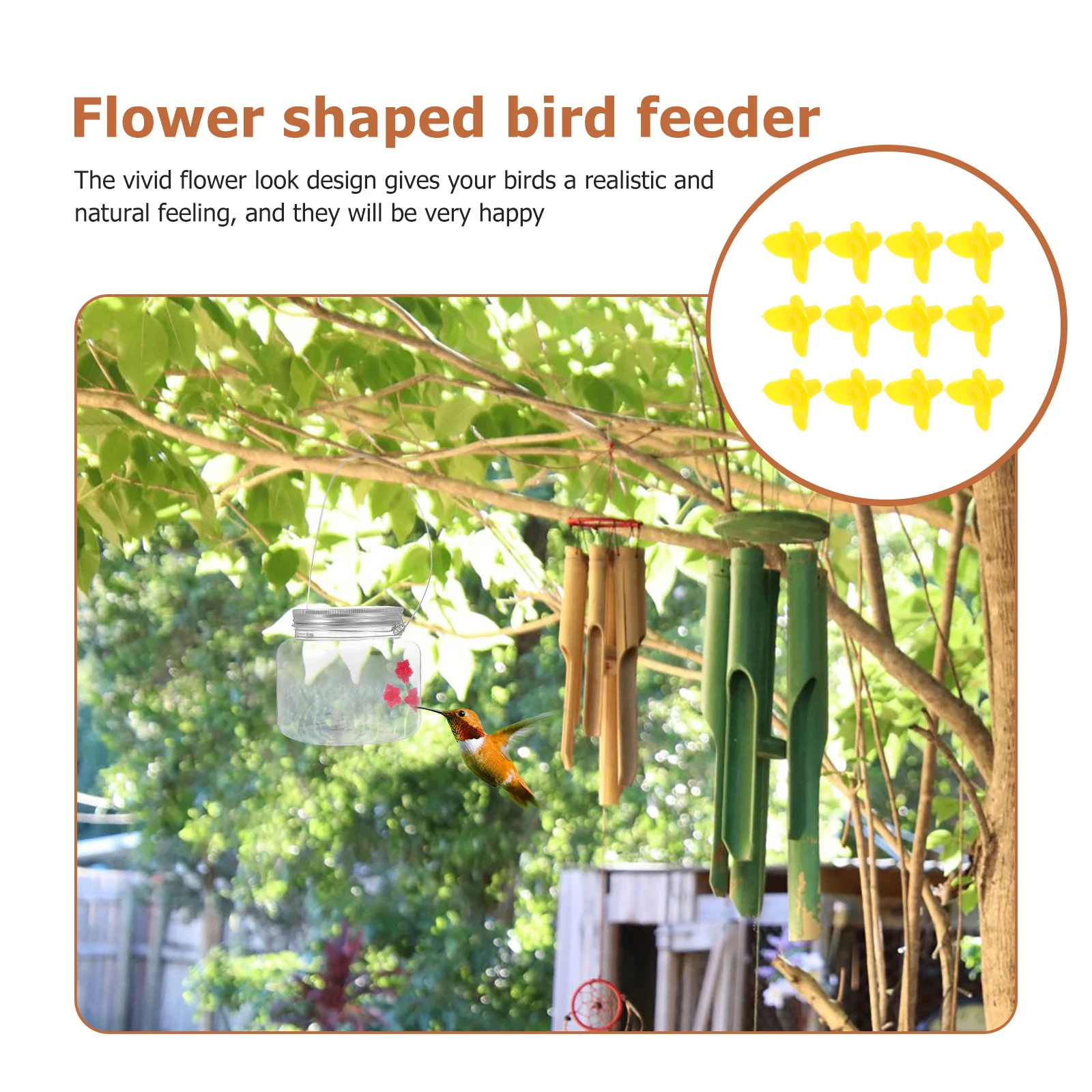 

12pcs Bird Feeder Flowers Hummingbird Feeder Replacement Premium Plastic Durable Yellow Feeding Port Garden Decorative