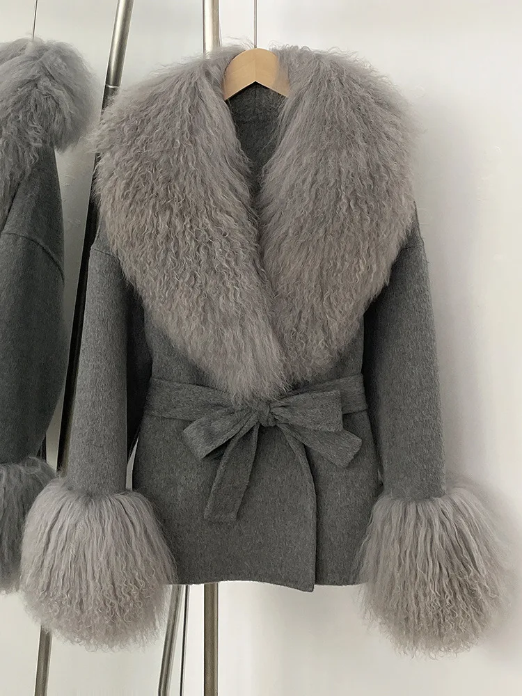 ZMEENNA Cappotto avvolgente in misto lana color crema elegante da donna con lussuoso collo e polsini in pelliccia sintetica bianca Chic caldo inverno ZM3407