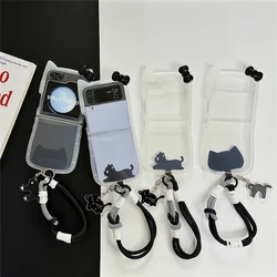 Korean Cute 3D Cat Phone Case For Samsung Galaxy Z Flip 6 5 4 Z Flip5 Flip6 Flip4 5G Cover with Hand Strap Pendant Silicone Capa