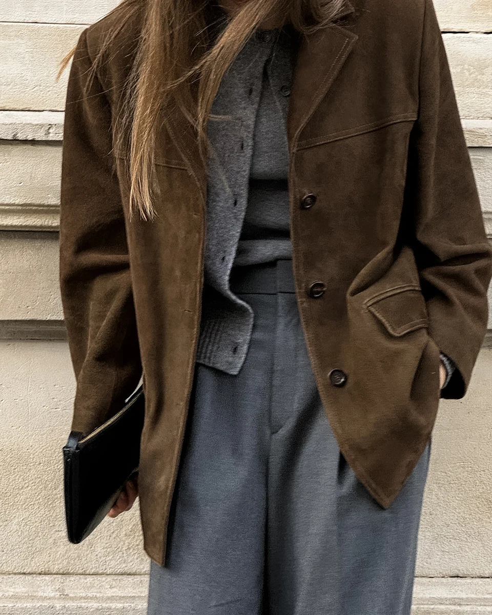 Cappotto vintage in pelle scamosciata solida per donna Autunno monopetto Colletto con risvolto Streetwear Moda Capispalla a maniche lunghe 2024 Nuovo