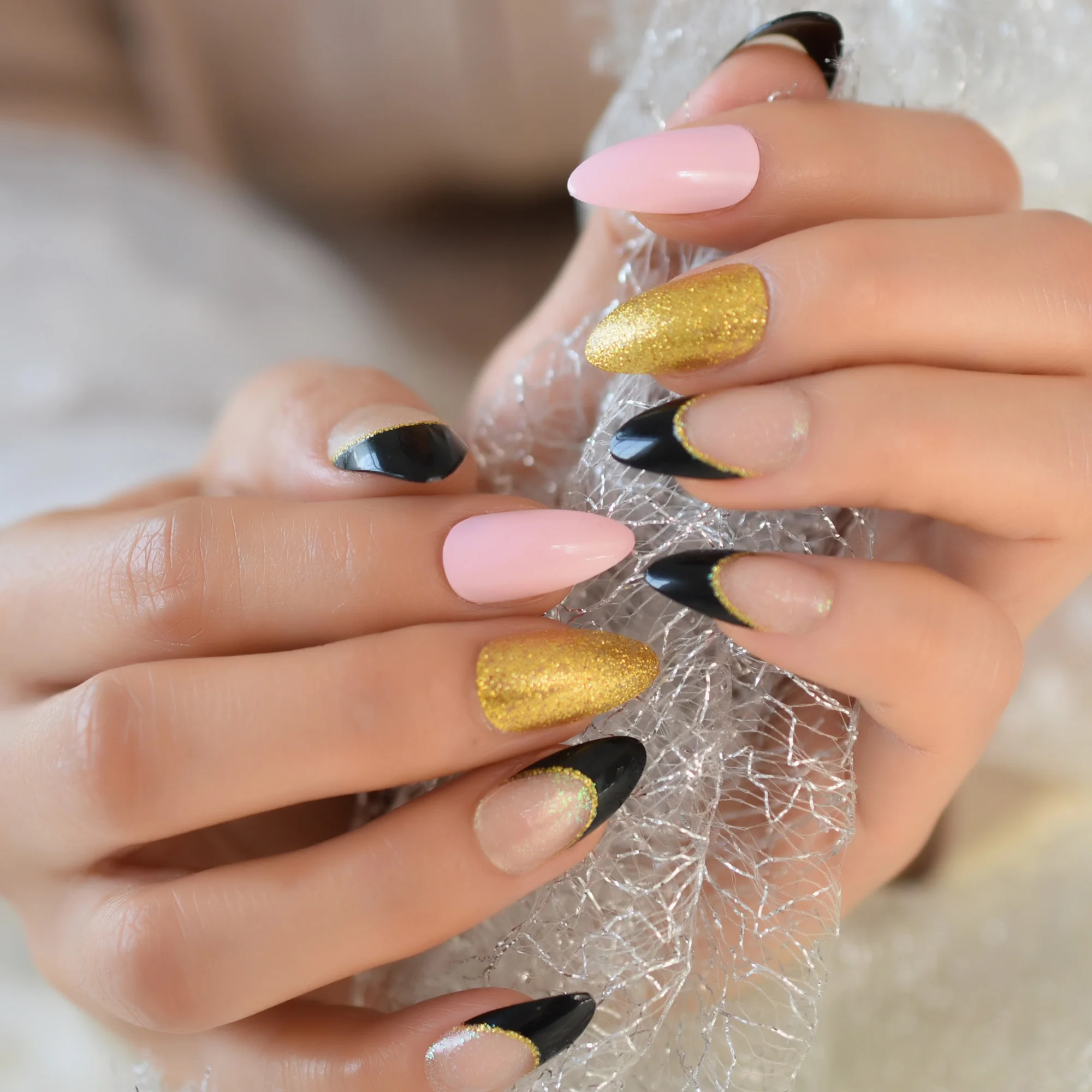 Gold Glitter Black Almond French False Press on Nails Pink Stiletto Finished Wearable Full Cover Fake Nail Tips for Girls