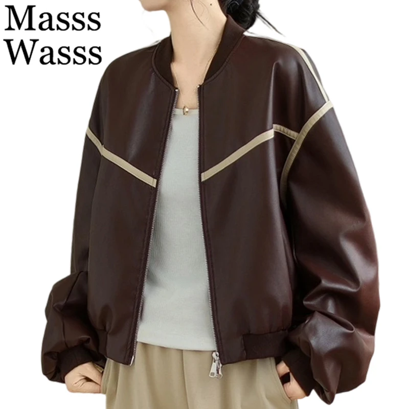 

Masss Wasss Autumn Womens Leisure Loose Fashion Classic PU Jackets Ladies Vintage Windbreakers Elegant Faux Leather V Neck Coats
