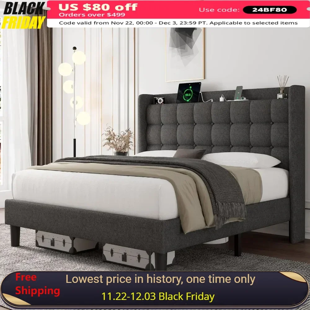 

Full Bed Frame with Charging Station, Upholstered Platform Bed Frame with Wingback Storage Headboard, Bed Frame