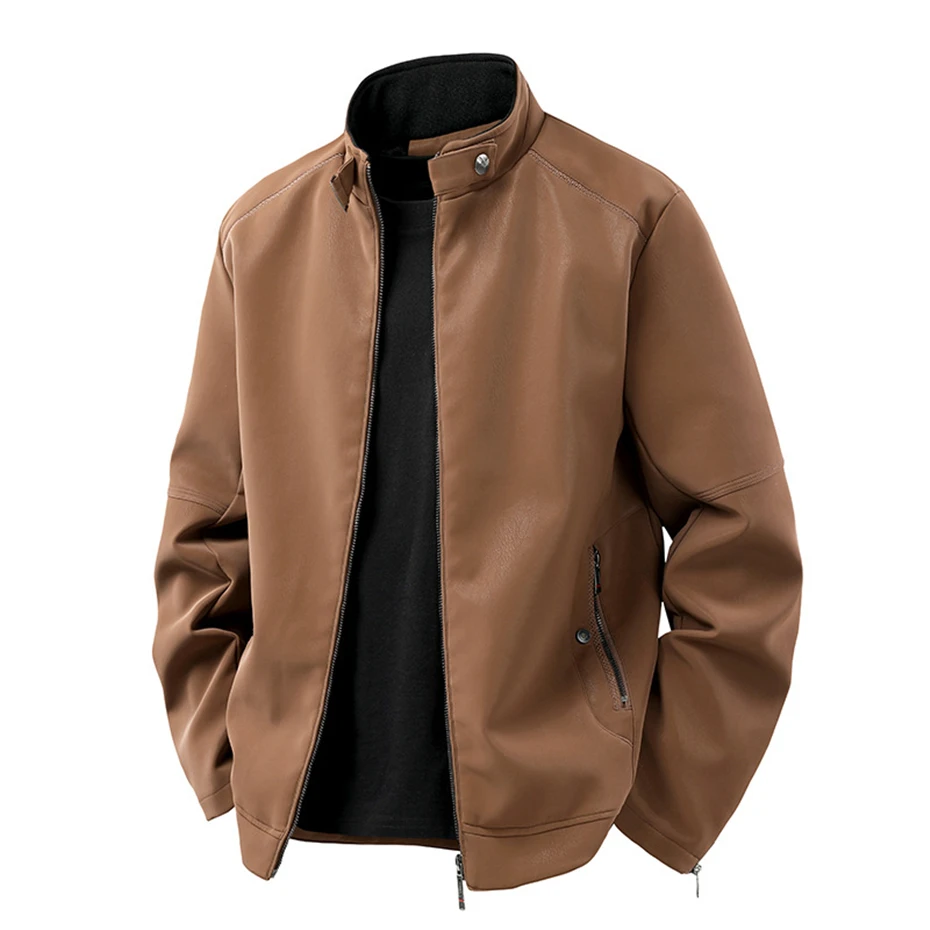 Autumn Winter Fleece PU Jacket Men Motorcycle Biker Stand Collar Jacket Coat Fashion Casual Cargo Jacket Male PU Coat Black