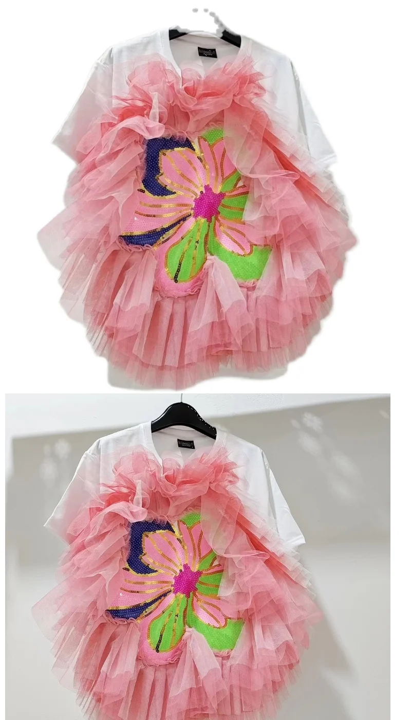 Luxury Mesh Splicing Ruffles 3D Flowers Embroidery Sequined T-Shirts White Loose Short Sleeves Tees Jumpers O-neck Crop Tops