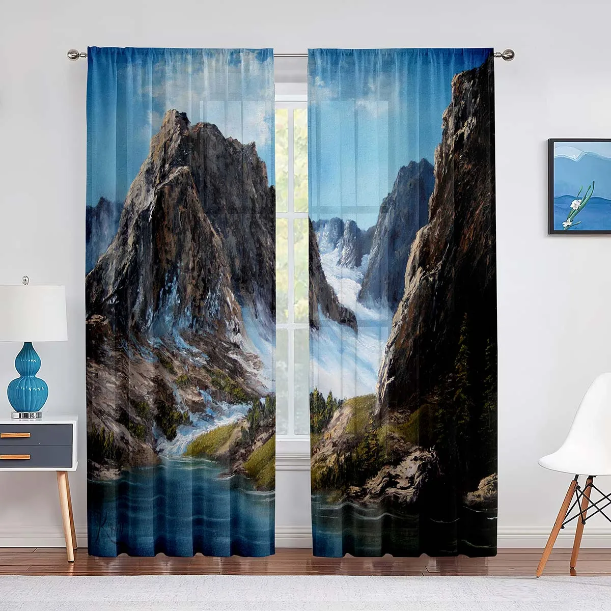 Mountain Forest River Painting Art Curtains for Living Room Bedroom Decor Transparent cortinas Window Curtain 2panels Rod Pocket