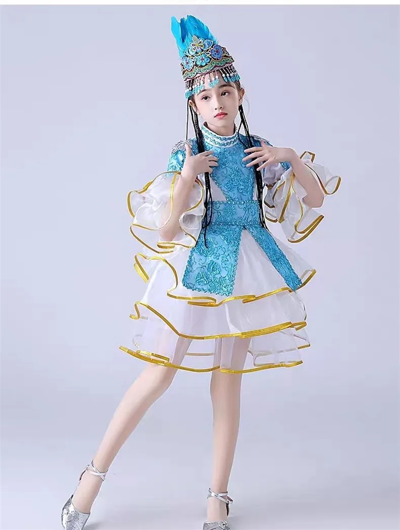 Blue Kazakhstan National Dance Dress For Girl Xinjiang Minority Costumes With Headwear Princess Cosplay Festival Gifts