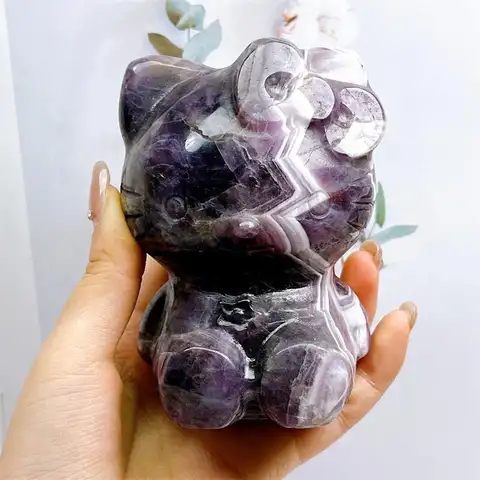 9.5MM Natural Dream Amethyst Cartoon Cat Carving Healing Figurines Reiki Stones Room Ornament Home Decoration 1PCS