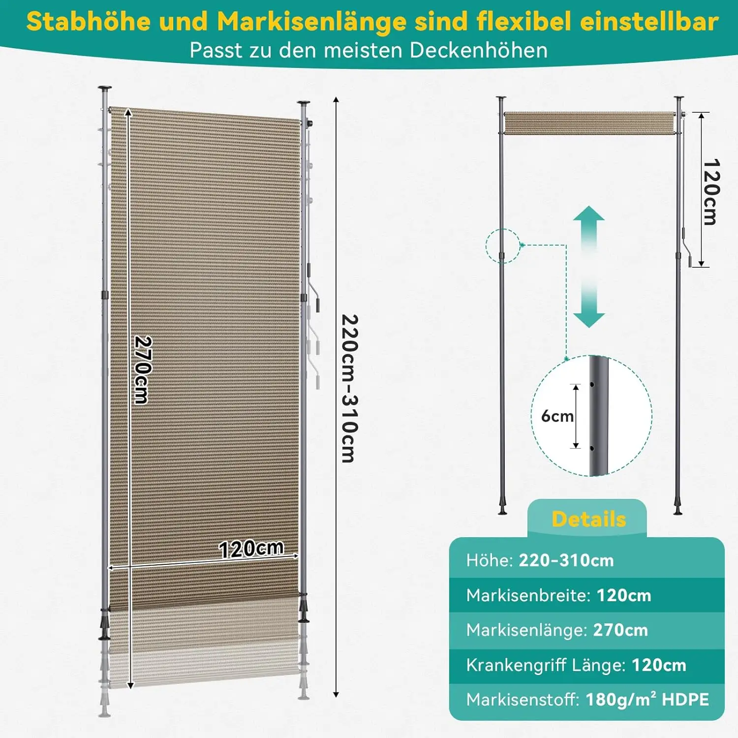 HDPE Klembevestigbare Verticale Luifel Buitenzonwering Hoog 270cm Balkon Privacy Scherm Zonder Boren Uitschuifbare Zijluifel