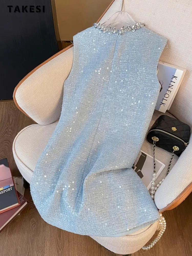 Fairy Style Women Elegant Sleeveless V-neck Sequins Blue Dresses 2024 Summer Lady Luxury Sweet Slim Fit Blue Camisole Dress