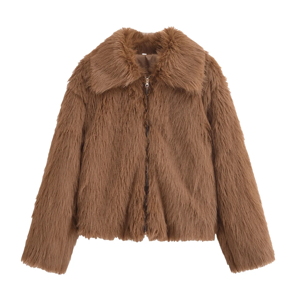

Women's Solid Zip-up Faux Fur Jacket Lapel Short Plush Coat Long Sleeves Loose Furry Jacket Winter Warm Fluffy Outerwears Zipper
