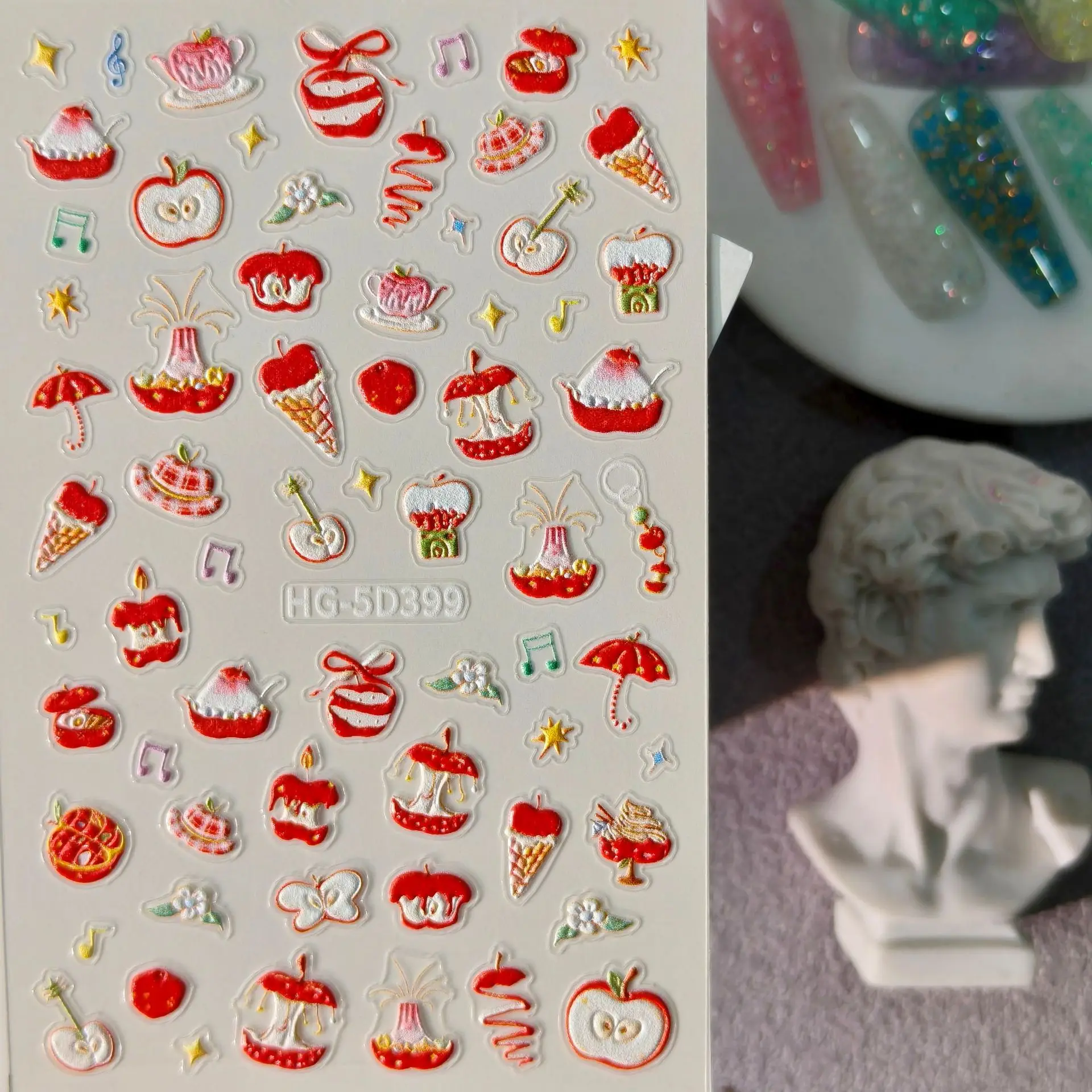 1 Set 5D Embossed Apple Cat Nail Stickers Cartoon Self Adhesive DIY Manicure Nail Art Decor Ornaments