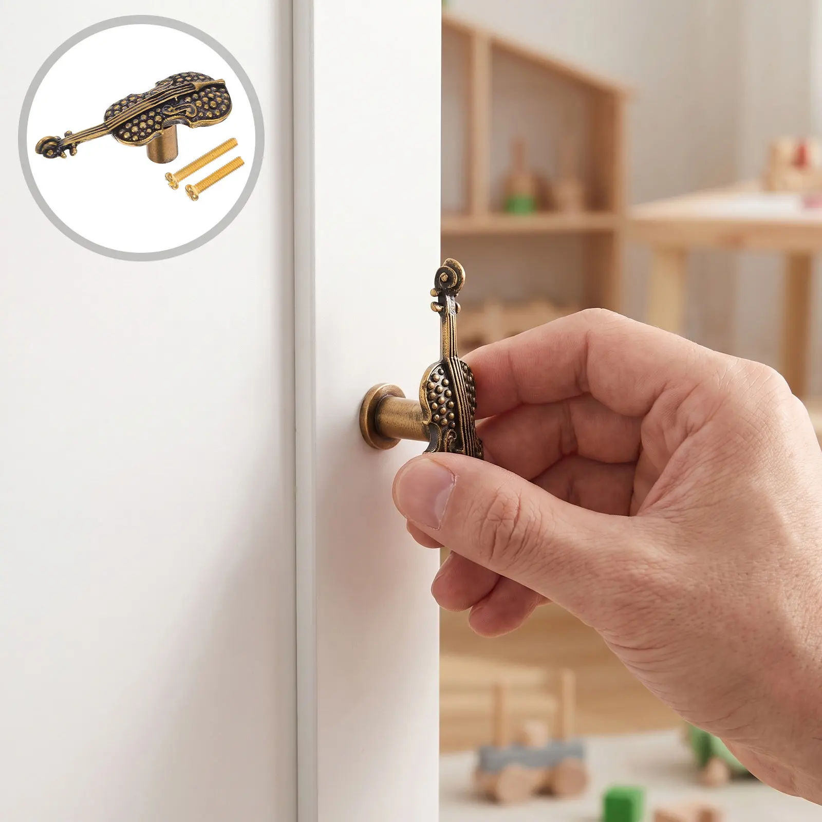 Brass Violin-Design Drawer Pulls for Bedroom Cabinet – Light Brown Musical Theme Furniture Hardware