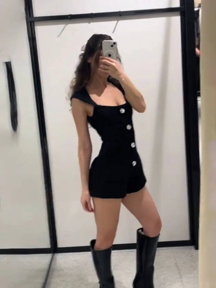 HH امرأة سستة أكمام ساحة طوق كريستال واحدة الصدر مزين بذلة قصيرة الإناث سليم صالح السراويل الموضة